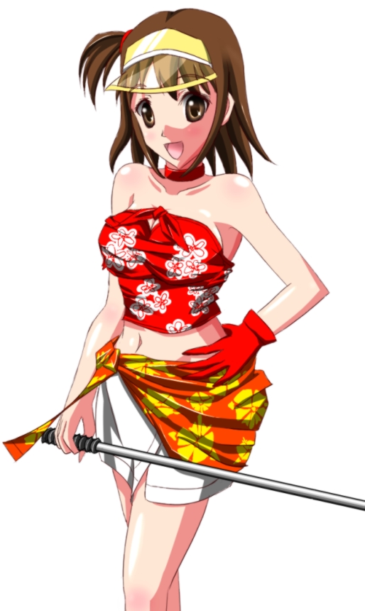 1girl aya_(minna_no_golf) breasts brown_eyes brown_hair clap_hanz collar golf_club large_breasts midriff minna_no_golf navel open_mouth short_hair side_ponytail simple_background single_glove smile solo visor white_background
