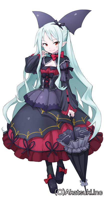 aqua_hair bangs black_bow black_legwear bow cross-laced_clothes dennou_pandemic dress full_body gothic hairband lolita_fashion long_hair long_sleeves mofu pointy_ears red_bow red_eyes simple_background smile solo standing umbrella vampire very_long_hair white_background