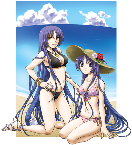 arieta_lyuis beach bikini breasts cleavage day growlanser growlanser_ii hat high_heels long_hair medium_breasts multiple_girls outdoors purple_eyes purple_hair sandals shoes side-tie_bikini swimsuit taka_masahiro very_long_hair yellow_eyes