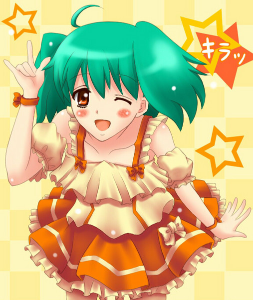 \m/ blush dress frills frilly green_hair macross macross_frontier ranka_lee red_eyes rise rise_(lycee) seikan_hikou short_hair skirt smile star stars twintails wink