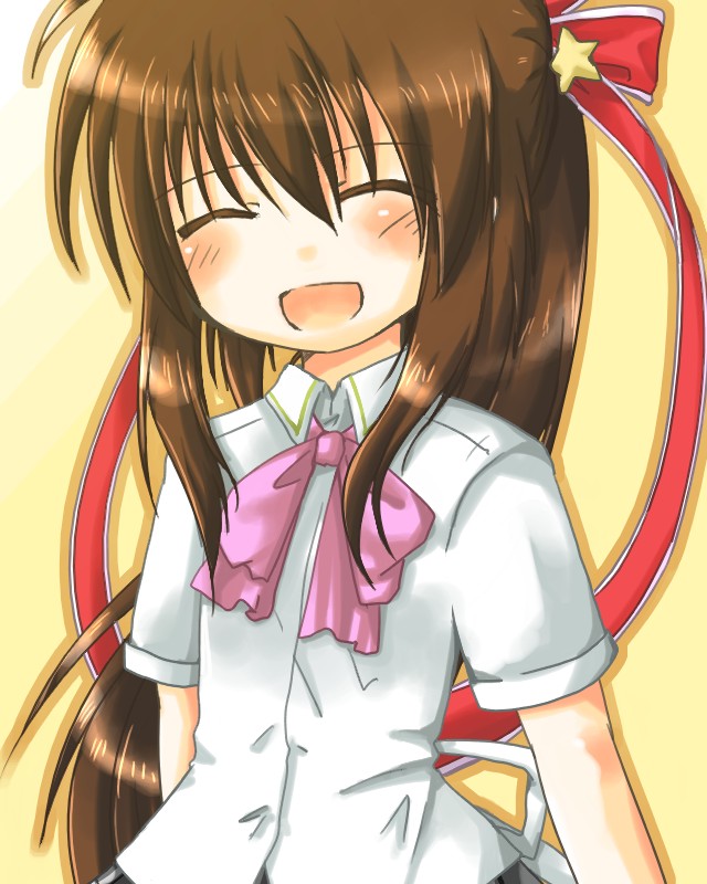 bad_id bad_pixiv_id blouse blush bow brown_hair closed_eyes hime_tsuki_mayu little_busters! long_hair natsume_rin open_mouth pink_bow ponytail ribbon school_uniform skirt smile solo