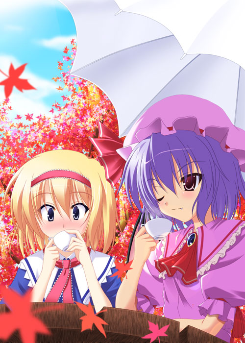 ;) alice_margatroid ascot autumn_leaves blonde_hair blush brooch brown_eyes cup day drinking falling_leaves gem jewelry leaf multiple_girls one_eye_closed outdoors plant purple_hair remilia_scarlet short_hair smile table tea touhou tree umbrella upper_body wide-eyed yoshiharu