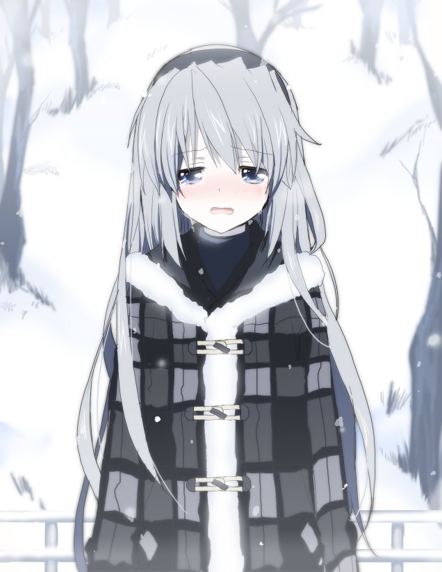 blue_eyes blush clannad coat crying crying_with_eyes_open kurot long_hair open_mouth sad sakagami_tomoyo silver_hair snow solo tears very_long_hair wavy_mouth