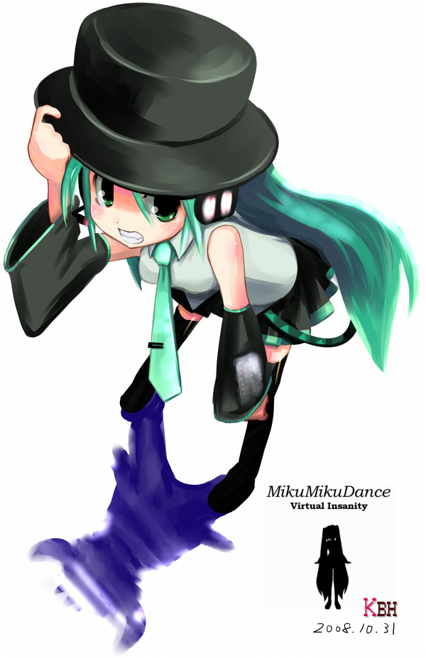 aqua_hair black_footwear black_hat black_skirt blush boots clenched_teeth collared_shirt dated detached_sleeves from_above full_body grey_shirt hair_between_eyes hair_ornament hand_on_headwear hand_on_own_knee hat hatsune_miku headphones headset jamiroquai kazuboh leaning_forward legs_apart long_hair microphone miniskirt necktie pleated_skirt shadow shirt silhouette simple_background skirt solo standing teeth thigh_boots thighhighs top_hat twintails vocaloid white_background