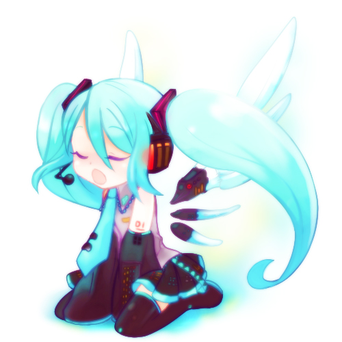 blue_hair chibi closed_eyes hatsune_miku headset kneeling long_hair lowres microphone shinryou_rei solo thighhighs vocaloid wings