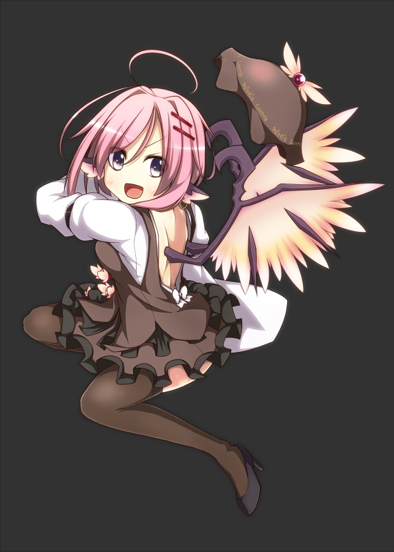 :d ahoge animal_ears backless_outfit black_background brown_legwear earlgrey full_body hair_ornament hairclip hat hat_removed headwear_removed high_heels low_wings mystia_lorelei no_nose open_mouth pink_hair purple_eyes shoes simple_background skirt skirt_set smile solo thighhighs touhou v-shaped_eyebrows wings
