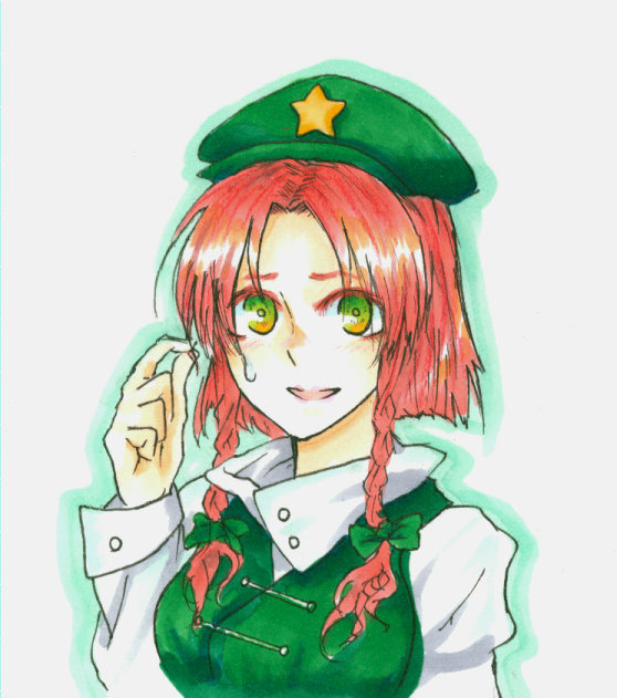 alternate_hair_length alternate_hairstyle braid commentary_request hinode_sb hong_meiling red_hair short_hair solo sweatdrop touhou twin_braids upper_body