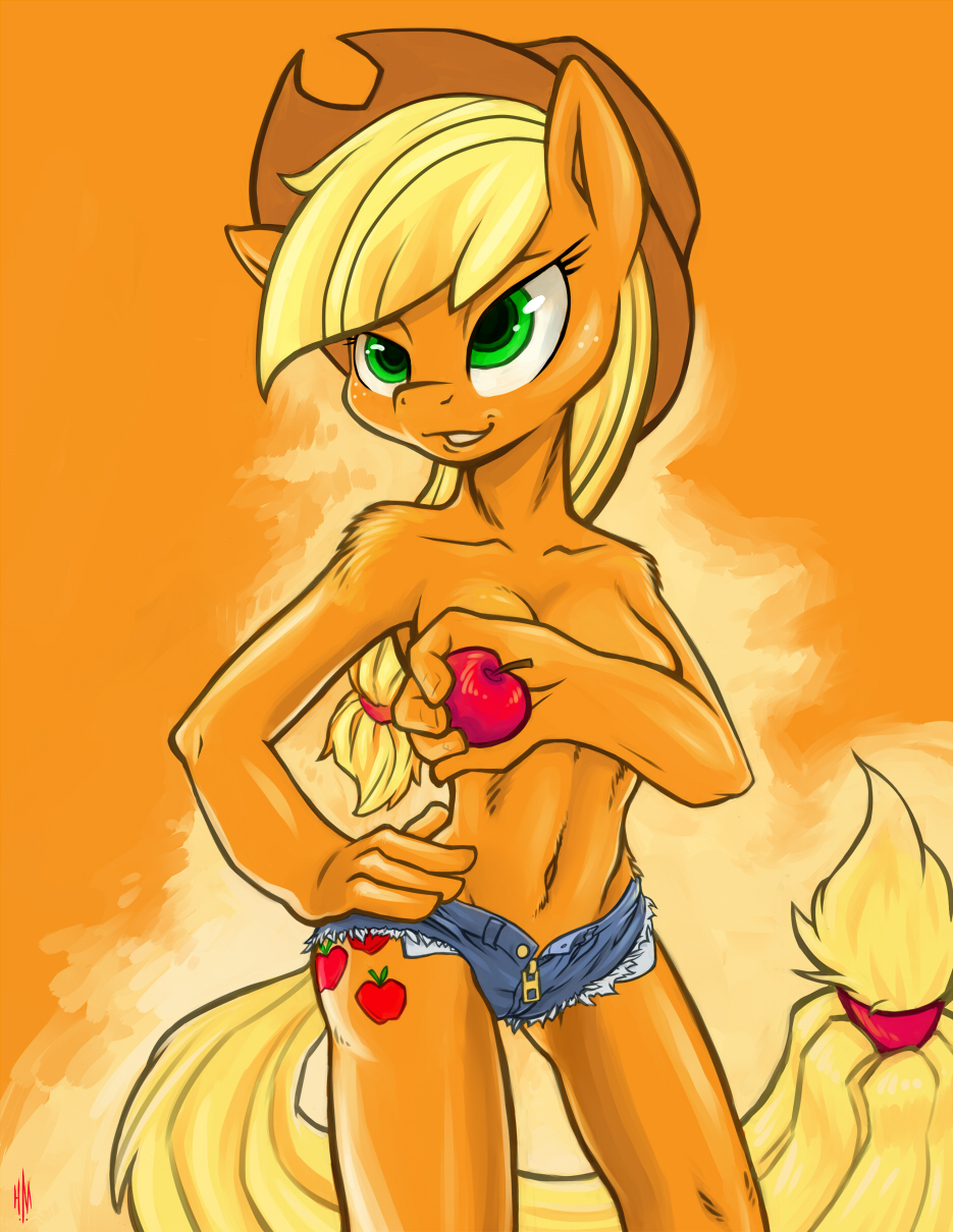 anthrofied apple applejack_(mlp) blonde_hair boiler3 breasts clothing cowboy_hat cut-offs cutoffs denim_shorts equine female friendship_is_magic fruit green_eyes hair hand_on_hip hat hobbes_maxwell horse long_hair mammal my_little_pony pony ponytail shorts solo topless