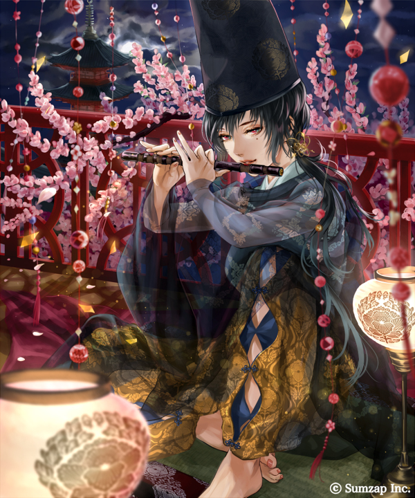 black_hair flower flute hat instrument japanese_clothes lantern lips long_hair mole night ponytail red_eyes sengoku_saga solo wryx