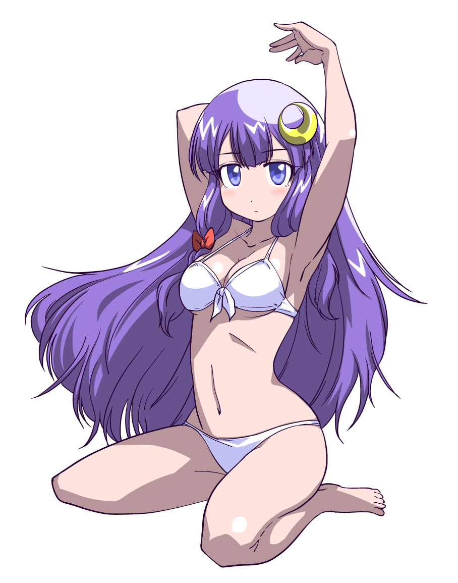 armpits arms_up bare_legs bare_shoulders barefoot bikini blue_eyes bow breasts cleavage crescent crescent_hair_ornament front-tie_top full_body hair_bow hair_ornament iwatobi_hiro long_hair looking_at_viewer medium_breasts navel no_hat no_headwear patchouli_knowledge pose purple_hair shiny shiny_skin sidelocks simple_background solo swimsuit touhou very_long_hair white_background