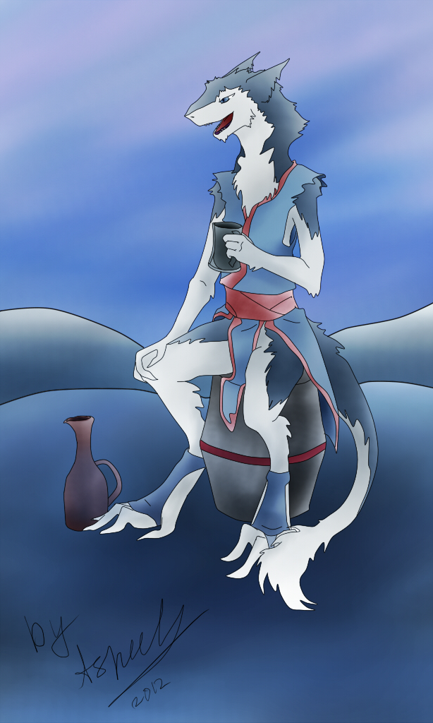 2012 4_toes anthro aspeel blue_background blue_eyes blue_fur clothed clothing cup desert digitigrade drink drinking fluffy_tail fur half-closed_eyes male open_mouth outside plain_background sergal sitting sky solo teeth white_fur