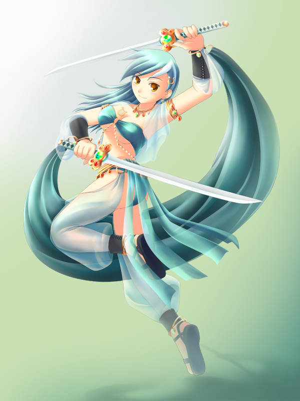 1girl dual_wielding earrings exotic harem_pants jewelry lyra_heartstrings maxwindy multicolored_hair my_little_pony my_little_pony_friendship_is_magic necklace pants personification sandals standing_on_one_leg sword two-tone_hair weapon