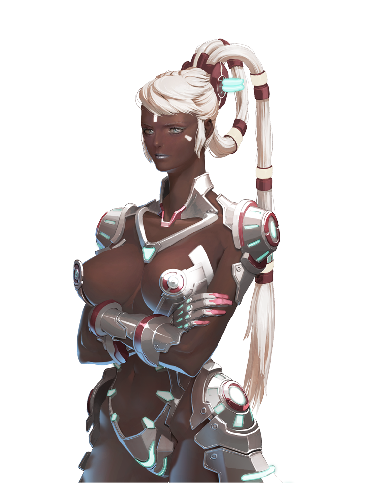 armor bodysuit breasts crossed_arms dark_skin gloves grey_eyes high_ponytail large_breasts long_hair makeup official_art scarlet_blade solo transparent_background white_hair