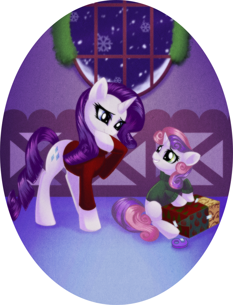 blue_eyes clothing cub cutie_mark duo equine female feral friendship_is_magic fur gift green_eyes hair horn horse mammal my_little_pony pony purple_hair rarity_(mlp) rizcifra sitting snow snowing sticky_tape sweater sweetie_belle_(mlp) two_tone_hair unicorn white_fur young