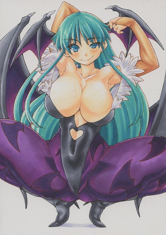 animal_print bat_print blush breasts cleavage green_eyes green_hair huge_breasts leotard long_hair looking_at_viewer morrigan_aensland pantyhose print_legwear simple_background smile solo spread_legs traditional_media uneven_eyes vampire_(game) very_long_hair yutakasan-love