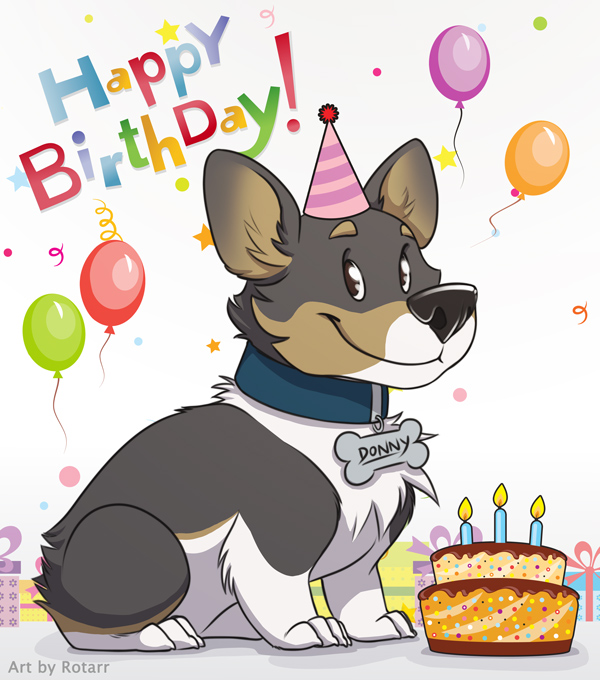 birthday_cake black_nose brown_eyes brown_fur cake canine claws collar dog english_text feral food fur gift grey_fur happy icing male mammal nude presents rotarr smile text white_fur