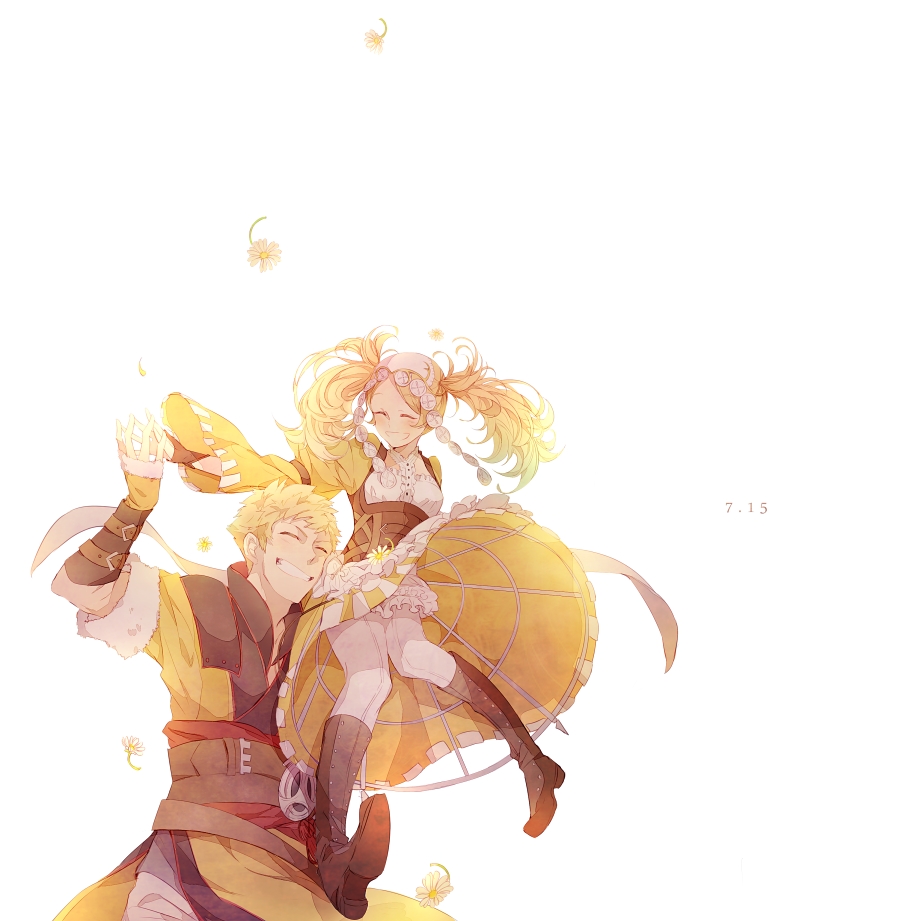 1girl a082 blonde_hair boots carrying closed_eyes dress eudes_(fire_emblem) fire_emblem fire_emblem:_kakusei flower grin happy liz_(fire_emblem) mother_and_son pants shoulder_carry smile twintails
