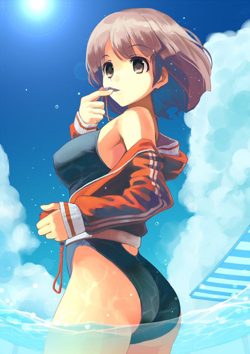 ass bad_id bad_pixiv_id bare_shoulders brown_eyes brown_hair competition_swimsuit finger_to_mouth highres jacket macho_edamatsu off_shoulder one-piece_swimsuit open_clothes open_jacket original solo stopwatch swimsuit swimsuit_under_clothes track_jacket wading watch water wet whistle