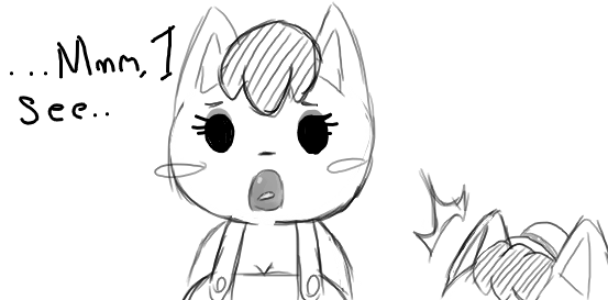 2017 animal_crossing anthro apron blush breasts cat cleavage clothed clothing dialogue eyelashes eyeshadow feline female fur hair hat kaitlin_(animal_crossing) katie_(animal_crossing) lipstick makeup mammal monochrome nintendo open_mouth roy_mccloud simple_background solo_focus text video_games white_background