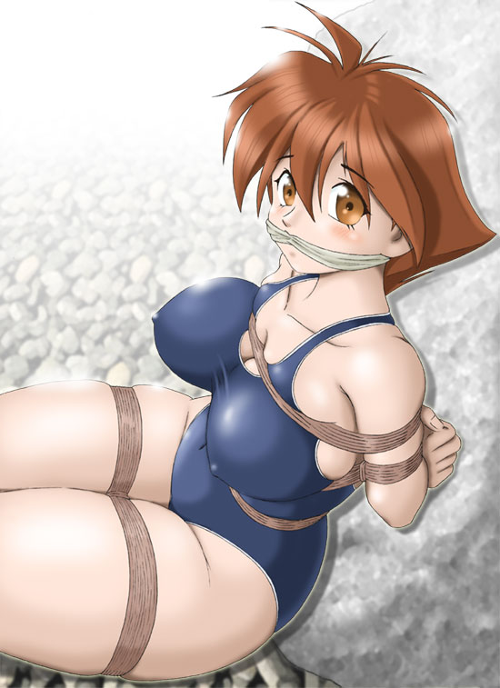 ahoge amiba00 arms_behind_back bdsm blush bondage bound bound_legs breast_bondage breasts brown_eyes brown_hair cleavage covered_nipples gagged large_breasts looking_at_viewer one-piece_swimsuit rope shibari skindentation solo swimsuit thick_thighs thighs umihara_kawase umihara_kawase_(character)