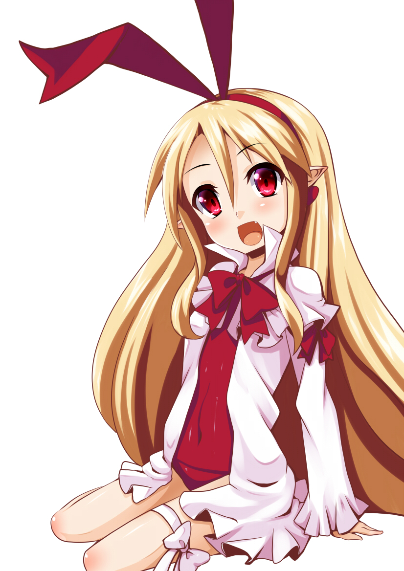 :d amau_(kosmos) blonde_hair blush bow capelet covered_navel disgaea disgaea_d2 fang flonne flonne_(fallen_angel) leotard long_hair long_sleeves open_mouth pointy_ears red_eyes red_leotard smile solo white_background wide_sleeves