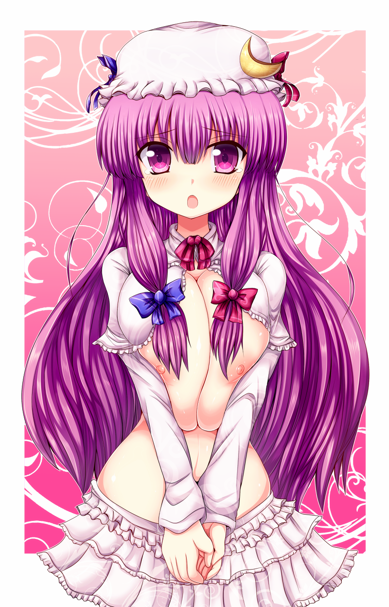 :o blush bow breast_squeeze breasts frilled_skirt frills hair_bow hat highres huge_breasts long_hair naoyama_masaru open_mouth patchouli_knowledge purple_eyes purple_hair skirt solo tears touhou very_long_hair