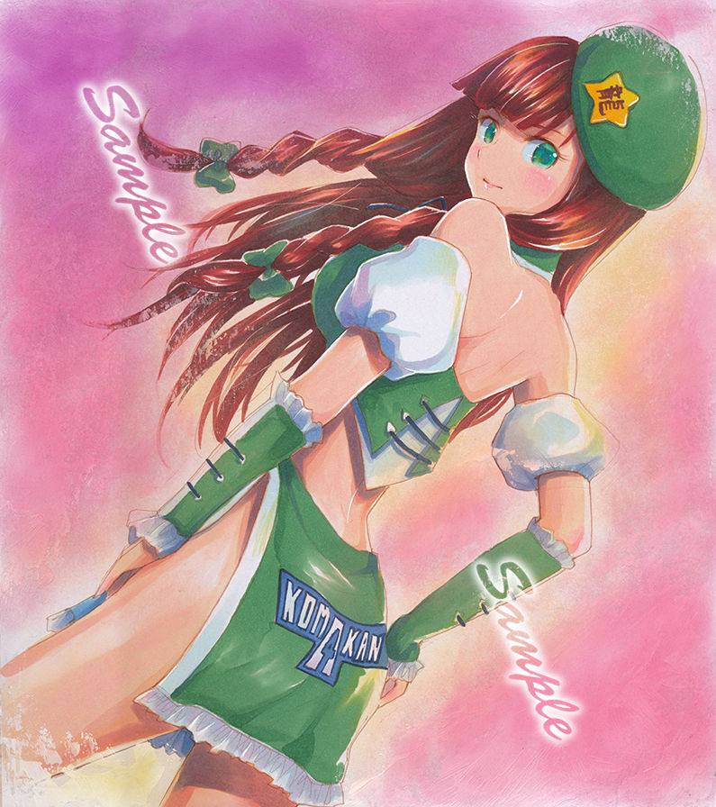 adapted_costume back bare_shoulders beret braid green_eyes hand_on_hip hat hong_meiling light_smile long_hair looking_at_viewer looking_back mayo_riyo race_queen red_hair sample solo touhou traditional_media twin_braids