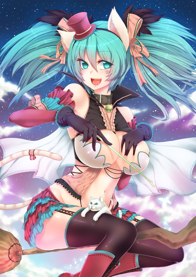 alternate_breast_size animal_ears aqua_eyes aqua_hair boots bow breasts broom cat cat_ears cat_tail cleavage elbow_gloves fuya_(tempupupu) garter_straps gloves hair_bow hat hatsune_miku kemonomimi_mode large_breasts long_hair mini_hat mini_top_hat navel night open_mouth skirt sky smile solo star_(sky) starry_sky tail thighhighs top_hat twintails very_long_hair vocaloid