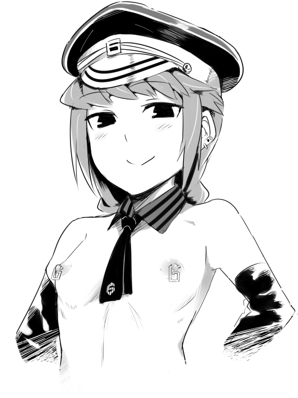 blush breasts chronoire_schwarz_vi earrings elbow_gloves em gloves greyscale hat jewelry monochrome nipple_piercing nipples peaked_cap piercing small_breasts smile solo striped upper_body witch_craft_works