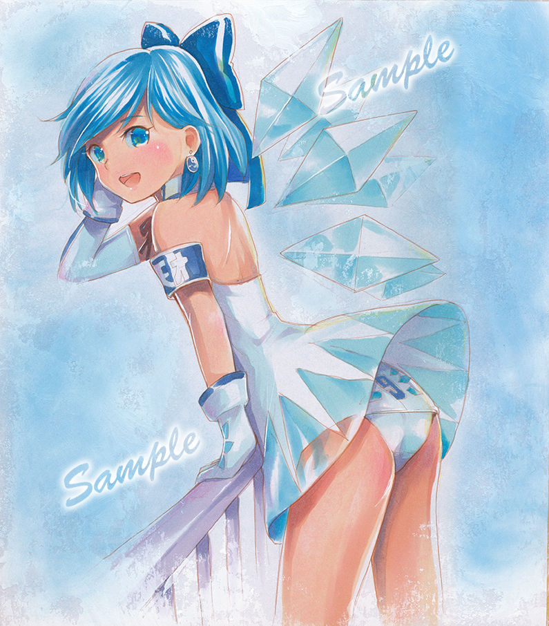 1girl alternate_costume armband ass back bare_shoulders blue_eyes blue_hair bow cirno earrings elbow_gloves gloves hair_bow ice ice_wings jewelry leotard mayo_riyo mismatched_gloves open_mouth race_queen railing sample short_hair solo touhou traditional_media wings