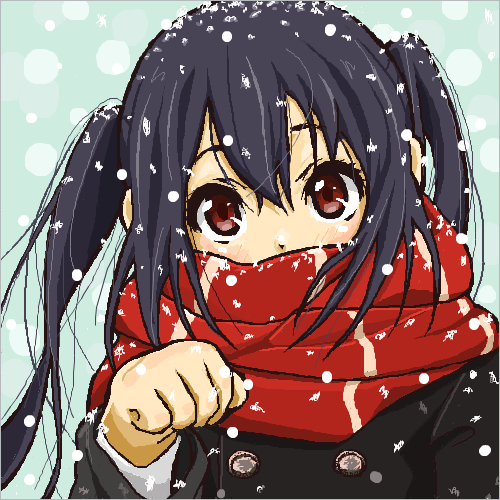 black_hair cat coat gloves jungon k-on! long_hair lowres nakano_azusa paw_pose red_eyes scarf snow twintails