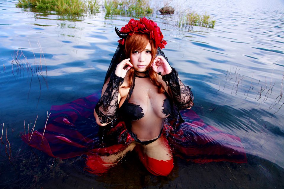 1girl asian breasts brown_hair chouzuki_maryou cleavage cosplay horns large_breasts photo plump solo