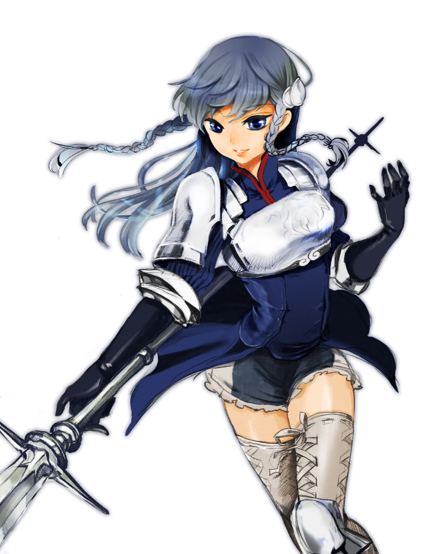 alternate_hair_color armor blue_eyes braid breastplate elbow_gloves floating_hair gloves hair_ornament jolin0323 long_hair looking_away parted_lips polearm ravness_loxaerion smile spear tactics_ogre thighhighs twin_braids weapon white_background white_legwear zettai_ryouiki