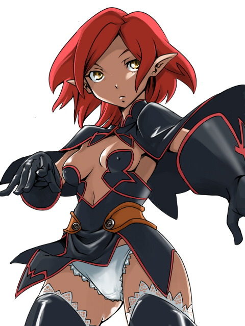 armor black_dress black_legwear breasts capelet covered_nipples dress frilled_panties frills gloves hekeniko lace lace-trimmed_thighhighs looking_at_viewer medium_breasts original panties pointing pointy_ears red_hair short_hair simple_background solo standing thighhighs underwear white_background white_panties yellow_eyes