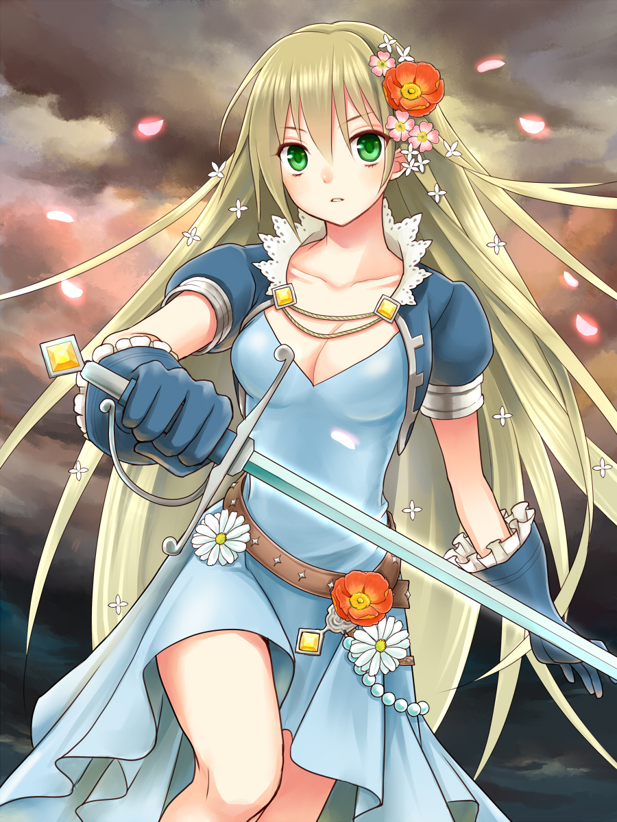 belt blonde_hair breasts cleavage dress flower gloves green_eyes hair_flower hair_ornament highres long_hair medium_breasts original petals sky solo sword vest weapon