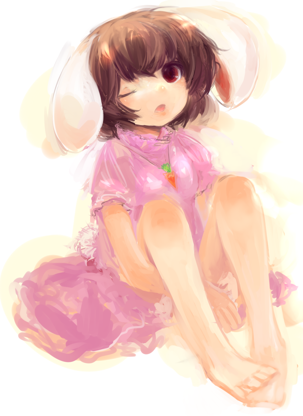 animal_ears bad_id bad_pixiv_id bare_legs barefoot brown_eyes brown_hair bunny_ears carrot carrot_necklace dress highres inaba_tewi jewelry maccha_cocoa_(mococo) necklace one_eye_closed open_mouth pendant pink_dress short_hair sitting solo touhou