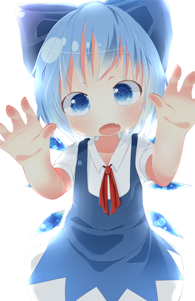 against_fourth_wall against_glass akisha bad_id bad_pixiv_id blue_dress blue_eyes blue_hair bow cirno dress fangs fourth_wall hair_bow ice ice_wings looking_at_viewer neckerchief open_mouth shirt short_hair short_sleeves simple_background solo touhou white_background wings
