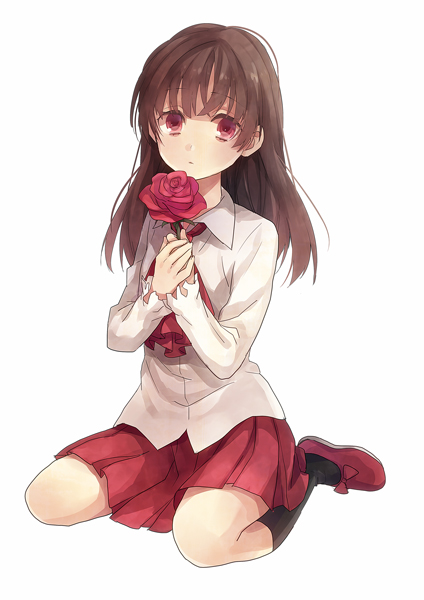 bad_id bad_pixiv_id brown_hair dress flower ib ib_(ib) kneeling long_hair red_eyes red_flower red_rose rose solo yuzuki_karu