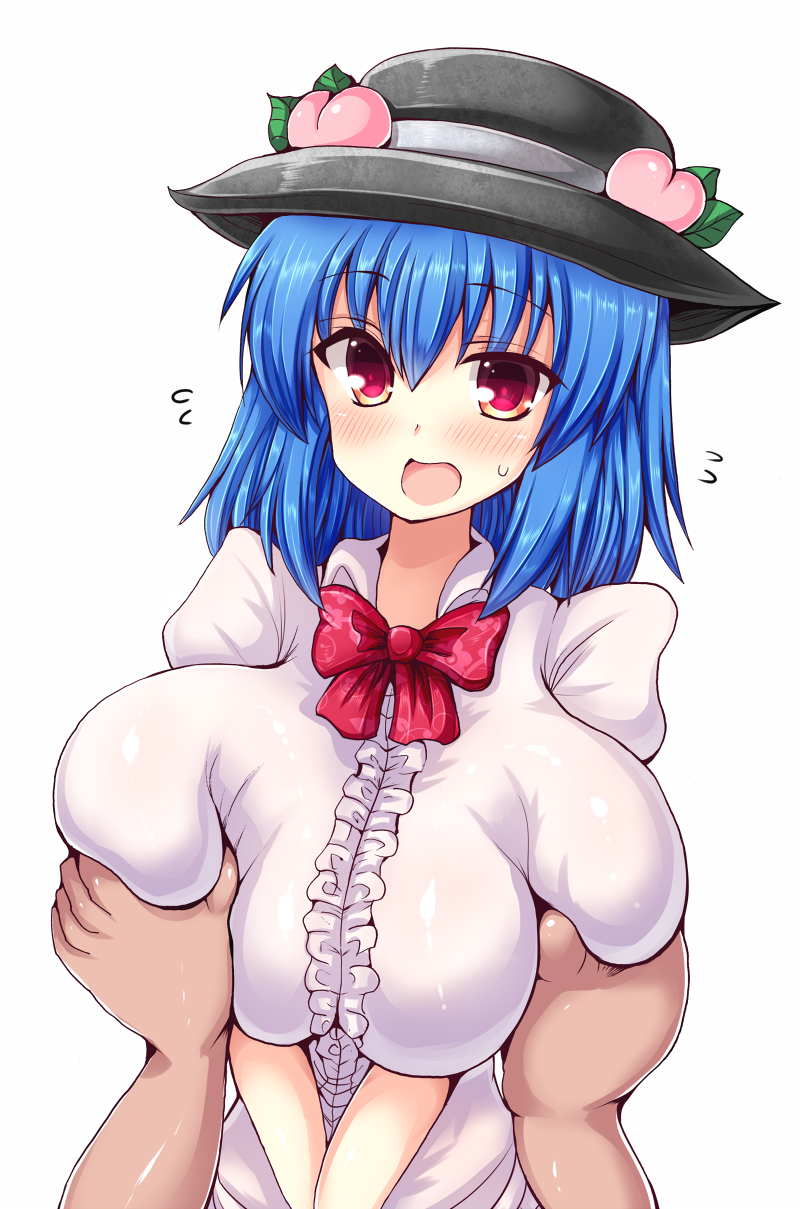 alternate_breast_size blue_hair blush bow breast_grab breasts grabbing hat highres hinanawi_tenshi huge_breasts looking_at_viewer naoyama_masaru open_mouth red_eyes skindentation solo_focus sweatdrop touhou white_background