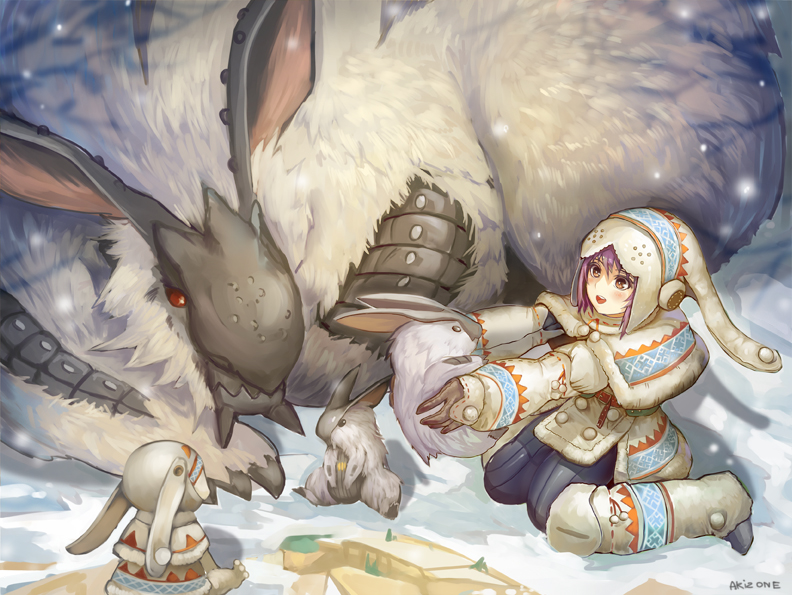 :d akizone armor bangs blue_pants blush boots brown_eyes bunny character_request creature felyne fur_boots fur_trim gloves hair_between_eyes hat holding lagombi lagombi_(armor) long_sleeves monster monster_hunter open_mouth pants purple_hair signature sitting smile snow snowing