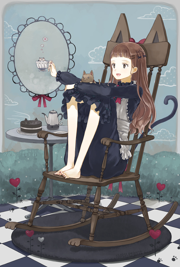 :d apron bad_id bad_pixiv_id barefoot brown_eyes brown_hair cake cat cat_tail chair checkered checkered_floor cup dress feet_on_chair food hair_ornament hairclip heart indoors knees_up leg_hug long_hair nail_polish open_mouth original pogane rocking_chair sitting smile solo tail teapot themed_object toenail_polish