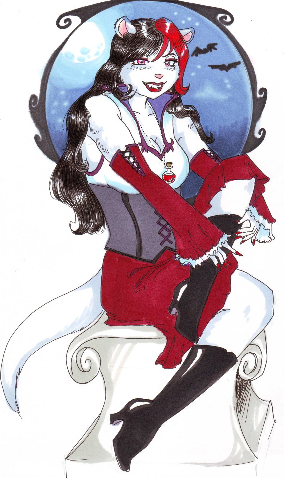 arm_warmers bat bat_(shape) black_hair blood boots column corset detached_sleeves fangs female fur goth hair heels lacing looking_at_viewer mammal multi-colored_hair mustelid necklace night_sky otter pink_eyes red_nails red_skirt ruffles sitting sue-chan_(artist) vampire vial white_fur