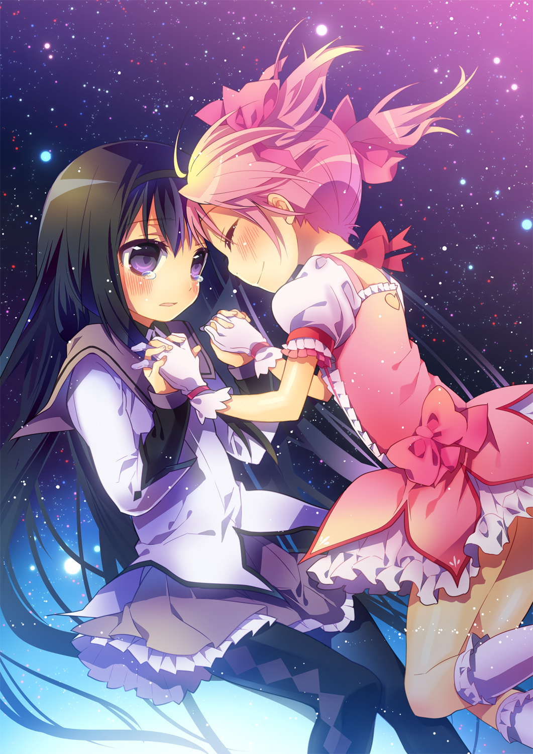 akemi_homura bad_id bad_pixiv_id black_hair black_legwear blush bow bubble_skirt capelet choker closed_eyes forehead-to-forehead gloves hair_bow hairband happy_tears highres holding_hands interlocked_fingers kaname_madoka lights long_hair long_sleeves magical_girl mahou_shoujo_madoka_magica multiple_girls open_mouth pantyhose pink_hair pink_skirt puffy_sleeves purple_eyes shirt short_sleeves sie-sie skirt smile tears twintails very_long_hair white_gloves yuri