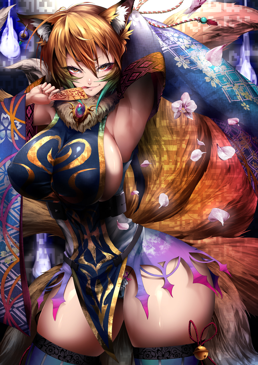 animal_ears armpits arms_up bell breasts detached_sleeves fox_ears fox_tail g-string huge_breasts multiple_tails no_bra panties smile solo tail thighhighs thong tongue touhou underwear wide_hips yakumo_ran yana_(nekoarashi)