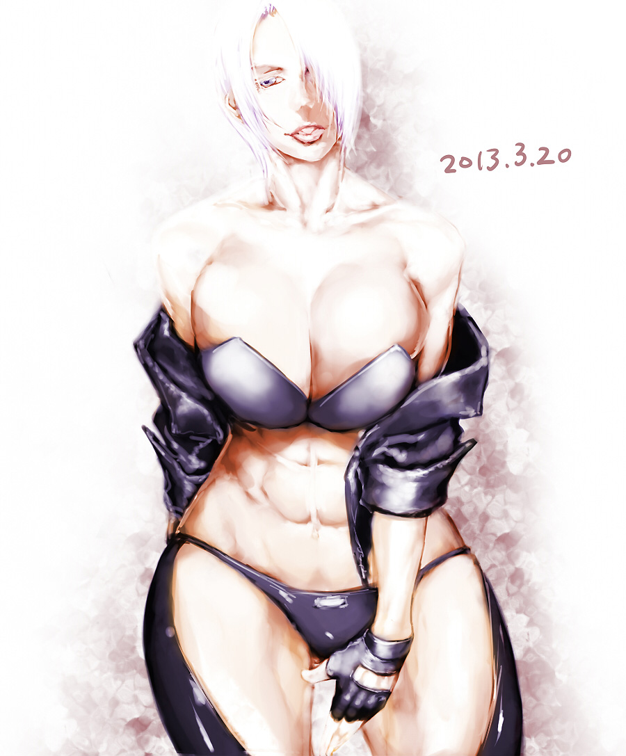 abs angel_(kof) bare_shoulders blue_eyes breasts chaps cleavage cropped_jacket curvy dated fingerless_gloves gloves hair_over_one_eye huge_breasts lips midriff navel off_shoulder panties sawao short_hair solo strapless the_king_of_fighters underwear white_hair