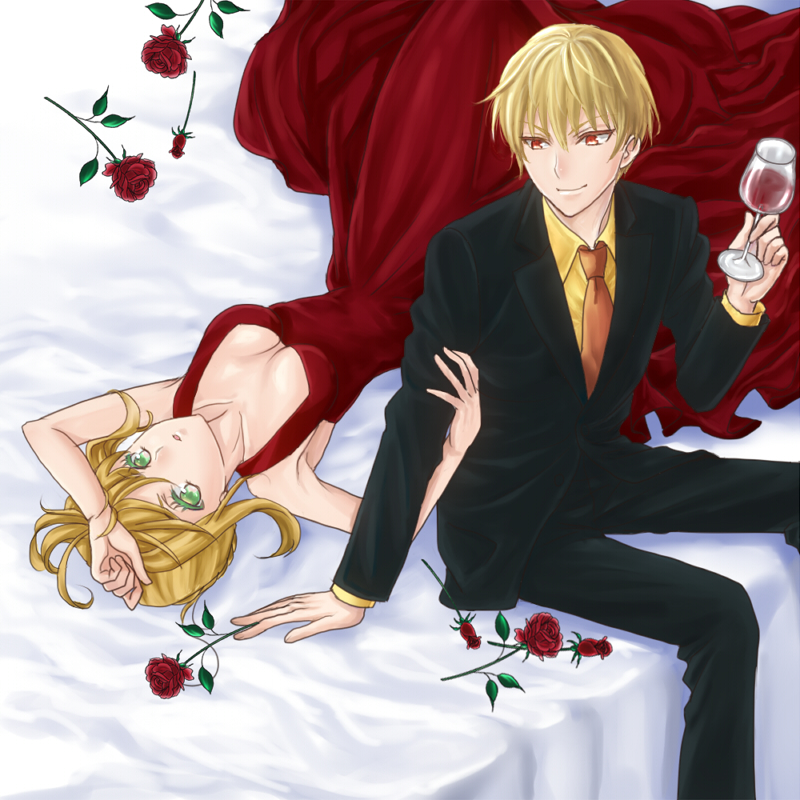 1girl alcohol auoyoi blonde_hair breasts cleavage cup dress drinking_glass fate/extra fate/stay_night fate_(series) flower formal gilgamesh green_eyes hair_ribbon jewelry medium_breasts necklace necktie nero_claudius_(fate) nero_claudius_(fate)_(all) on_bed red_dress red_eyes red_flower red_rose ribbon rose suit wine wine_glass