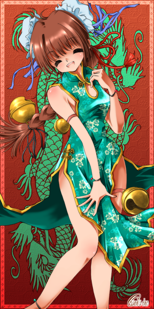 anklet armlet bell bracelet braid brown_hair bun_cover china_dress chinese_clothes closed_eyes double_bun dr_rex dragon dress dress_tug eastern_dragon green_dress hair_ornament jewelry long_hair open_mouth original single_braid sleeveless smile solo standing thigh_strap