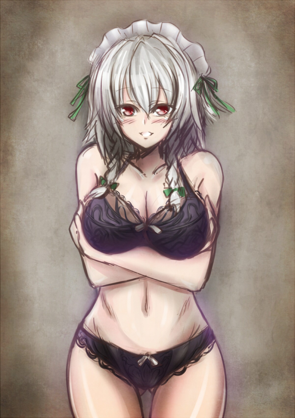 :d black_bra black_panties blush bra breast_hold breasts cleavage clenched_teeth crossed_arms grey_hair headdress izayoi_sakuya kashiru large_breasts looking_at_viewer maid midriff navel open_mouth panties red_eyes short_hair_with_long_locks smile standing stomach teeth thigh_gap touhou underwear underwear_only