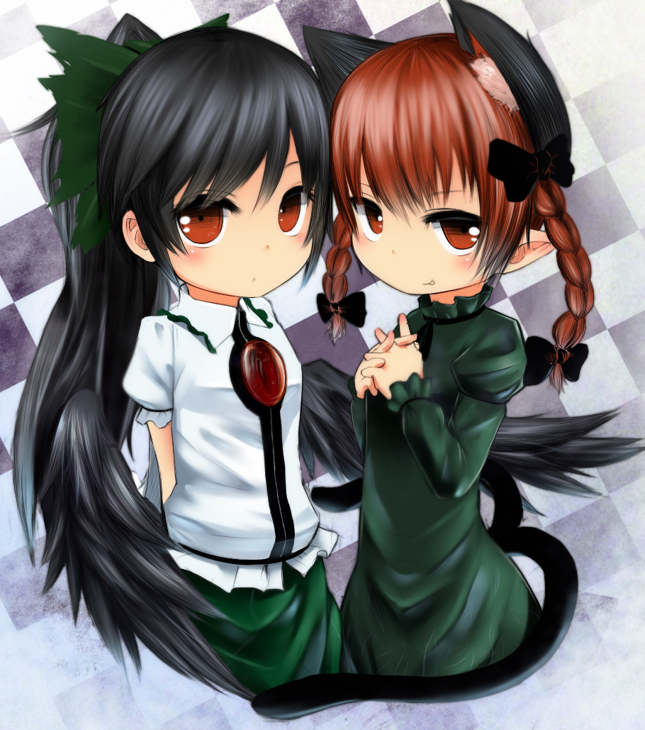 animal_ears bad_id bad_pixiv_id black_hair blush bow braid cat_ears cat_tail child extra_ears hair_bow kaenbyou_rin long_hair looking_at_viewer mantarou_(shiawase_no_aoi_tori) multiple_girls multiple_tails pointy_ears ponytail red_eyes red_hair reiuji_utsuho smile tail touhou twin_braids younger