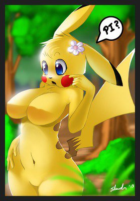 2013 anthrofied blue_eyes breasts creature cute female flower forest mouse navel nintendo nude pikachu pok&eacute;mon rodent shnider solo tree video_games